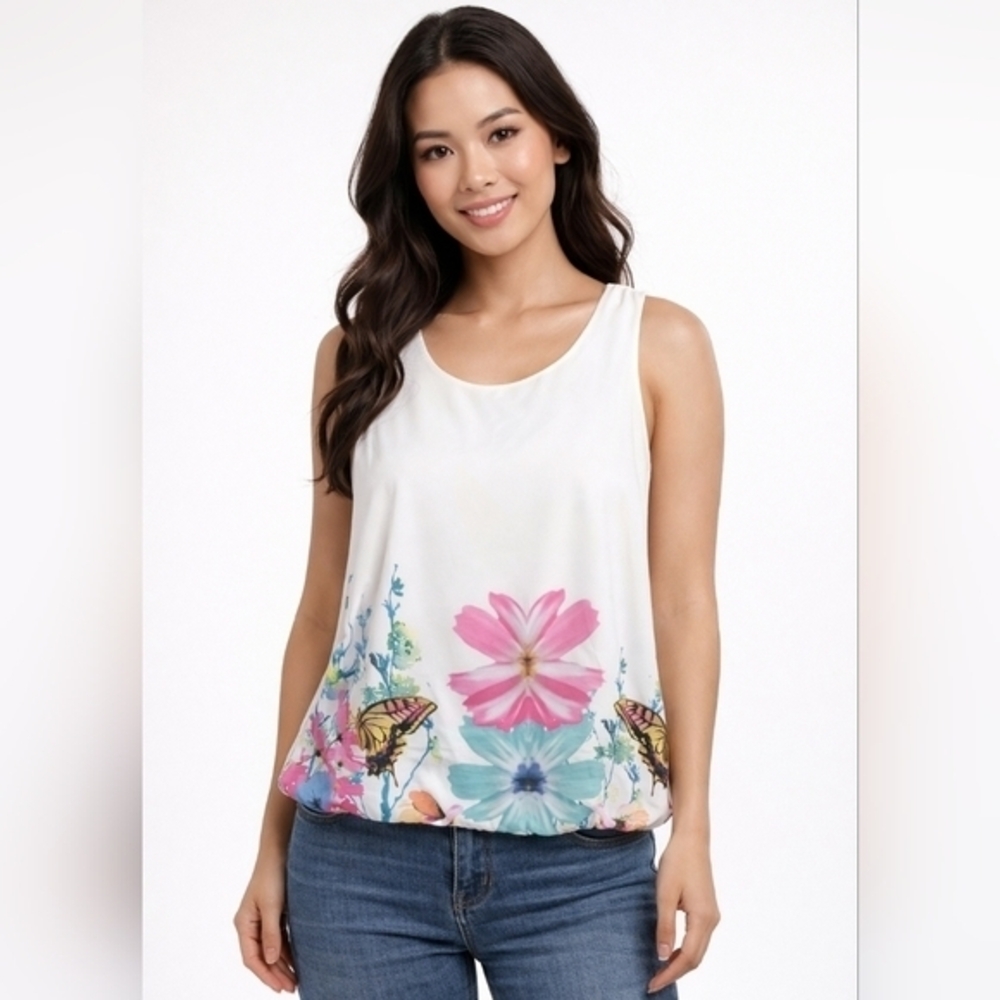 Floral Beige Sleeveless Blouson Bubble Hem Sz M/L Made in Italy Flowy‎ Artsy